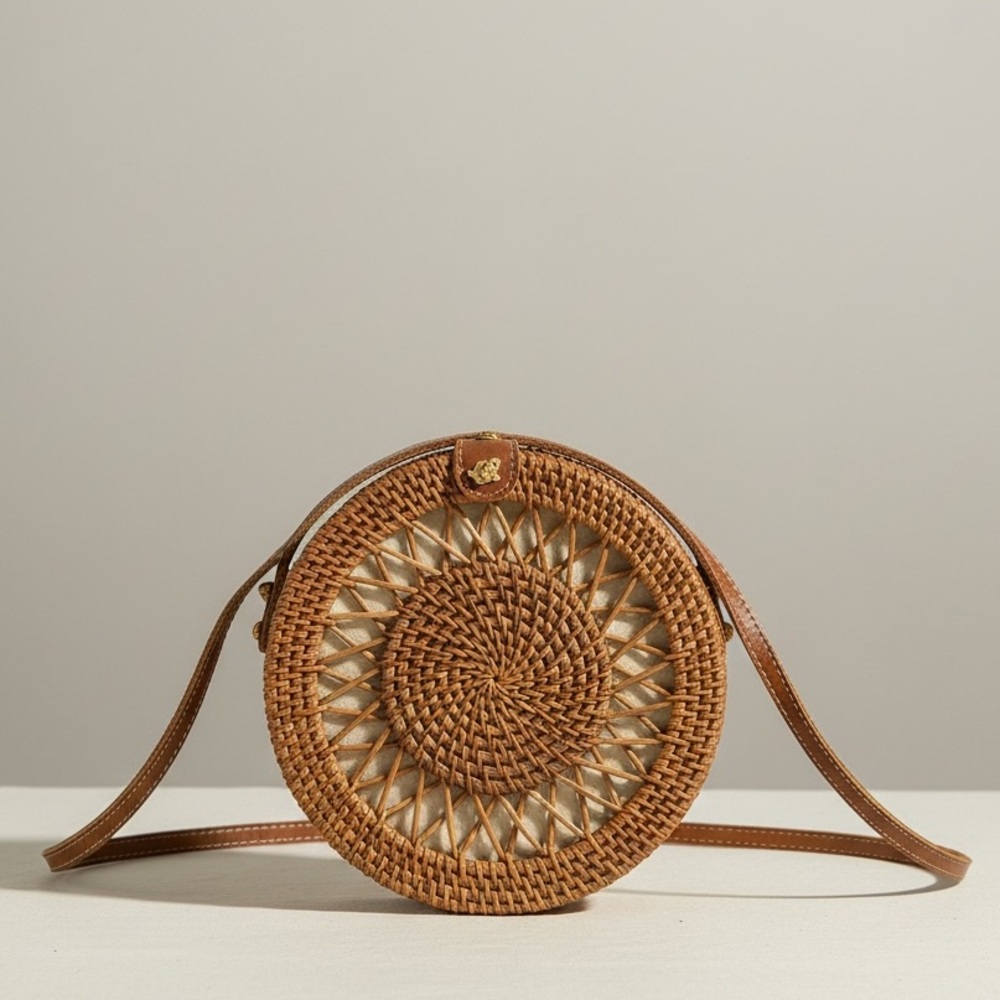 NWOT Round Rattan Crossbody Bag Circle Sunburst Weave Vacation Leather Strap
